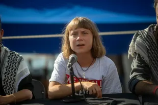 Activist Greta Thunberg during the press conference to the Global Sunat Flotilla at the Port of Barcelona on August 31, 2025, in Barcelona, Catalonia, Spain. The Global Sumud Flotilla sets sail from Barcelona towards Gaza in the largest civilian maritime solidarity action ever recorded. (Photo by Lorena Sopena/NurPhoto via Getty Images)