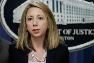 WASHINGTON, DC - DECEMBER 6: U.S. Attorney for the Eastern District of Virginia Jessica Aber speaks during a press conference at the U.S. Department of Justice on December 6, 2023 in Washington, DC. The Department of Justice announced today that four Russian military personnel have been indicted for war crimes committed against a U.S. national living in Ukraine, the first of such charges ever to be brought under the U.S. war crimes statute. (Photo by Samuel Corum/Getty Images)
