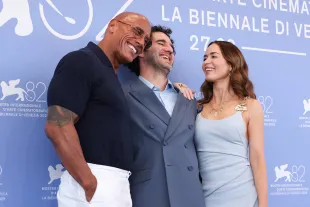 VENICE, ITALY - SEPTEMBER 01:  Dwayne Johnson, Benny Safdie and Emily Blunt attend "The Smashing Machine" photocall during the 82nd Venice International Film Festival on September 01, 2025 in Venice, Italy. (Photo by Stefania D'Alessandro/WireImage)