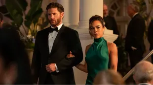  Amber Oliveras (Jessica Camacho) and Mark Meachum (Jensen Ackles) in Countdown Season 1 still, formal gala sequence. Photo: © Prime Video / Courtesy Amazon MGM Studios.