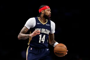 Brandon Ingram #14 of the New Orleans Pelicans dribbles during the first half against the Brooklyn Nets at Barclays Center (Image via Getty)