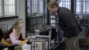 Mare (Chelsea Frei) and Ned (Domhnall Gleeson) appear on The Paper Season 1 Episode 7. Photo: John P. Fleenor/Peacock.