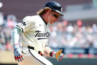 MINNEAPOLIS, MINNESOTA - JULY 6: Harrison Bader #12 of the Minnesota Twins celebrates his two run home run against the Tampa Bay Rays during the eighth inning at Target Field on July 6, 2025 in Minneapolis, Minnesota. (Photo by Matt Krohn/Getty Images)