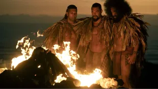 Te Kohe Tuhaka, Jason Momoa, and Siua Ikaleʻo in Chief of War. Image via Apple TV+.