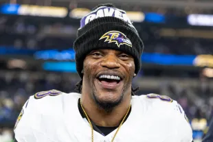 INGLEWOOD, CALIFORINA - NOVEMBER 25: Lamar Jackson #8 of the Baltimore Ravens reacts following an NFL Football game against the Los Angeles Chargers at SoFi Stadium on November 25, 2024 in Inglewood, Califorina. (Photo by Michael Owens/Getty Images)