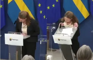 Sweden's health minister Elisabet Lann collapsed during press conference. (Photo: X/@HustleBitch_)