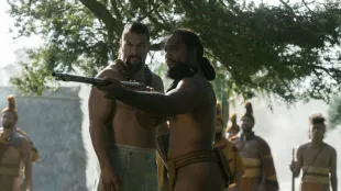 Jason Momoa and Kaina Makua in "Chief of War," now streaming on Apple TV+