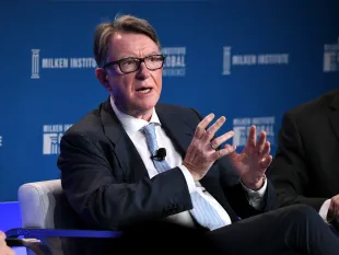 BEVERLY HILLS, CALIFORNIA - APRIL 29: Lord Mandelson participates in a panel discussion during the annual Milken Institute Global Conference at The Beverly Hilton Hotel  on April 29, 2019 in Beverly Hills, California. (Photo by Michael Kovac/Getty Images)