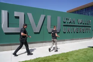 OREM, UTAH - SEPTEMBER 10:  First responders work the scene where political activist Charlie Kirk was shot during an event at Utah Valley University on September 10, 2025 in Orem, Utah. Kirk, founder of Turning Point USA, was speaking at his "American Comeback Tour" when he was shot in the neck and killed. (Photo by George Frey/Getty Images)