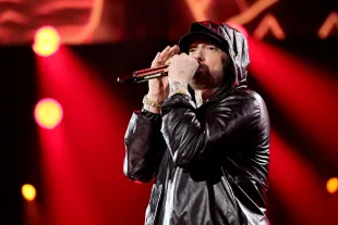 Eminem performs onstage during the 37th Annual Rock & Roll Hall of Fame Induction Ceremony. (Photo by Theo Wargo/Getty Images for The Rock and Roll Hall of Fame)