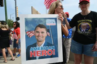 Supporters of President Donald Trump gather for a rally in Park Ridge, Illinois, United States on September 13, 2025, to honor slain conservative activist Charlie Kirk. (Photo by Jacek Boczarski/Anadolu via Getty Images)