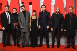 LONDON, ENGLAND - FEBRUARY 23: Dylan Clark, Andy Serkis, Robert Pattinson, Zoe Kravitz, Paul Dano, Jeffrey Wright and Matt Reeves attend a special screening of The Batman at BFI IMAX Waterloo on February 23, 2022 in London, England. (Photo by Lia Toby/Getty Images)