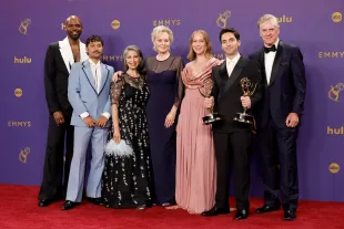 LOS ANGELES, CALIFORNIA - SEPTEMBER 15: (L-R) Carl Clemons-Hopkins, Mark Indelicato, Rose Abdoo, Jean Smart, Hannah Einbinder, Paul W. Downs and Christopher McDonald, winners of the Outstanding Comedy Series award for "Hacks" pose in the press room during the 76th Primetime Emmy Awards at Peacock Theater on September 15, 2024 in Los Angeles, California.  (Photo by Frazer Harrison/Getty Images)