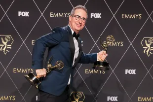 Los Angeles, CA - January 15: John Oliver wins an Emmy for Outstanding Writing For A Variety Series and Outstanding Scripted Variety Series at the 75th Primetime Emmy Awards at Peacock Theater in Los Angeles, CA, Monday, Jan. 15, 2024. (Dania Maxwell / Los Angeles Times via Getty Images)