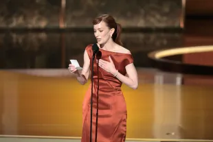 Los Angeles, CA   September 14, 2025  Britt Lower accepts the award for outstanding lead actress in a drama series for "Severance" during the show at the 77th Primetime Emmy Awards at the Peacock Theater in Los Angeles, CA, Sunday, Sept. 14, 2025. (Myung J. Chun / Los Angeles Times via Getty Images)