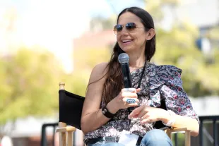 LOS ANGELES, CALIFORNIA - APRIL 14: Actress and author Justine Bateman speaks at the 2019 Los Angeles Times Festival of Books at USC on April 14, 2019 in Los Angeles, California. (Photo by Sarah Morris/Getty Images)