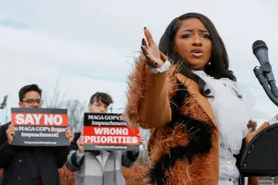 WASHINGTON, DC - DECEMBER 13: U.S. Rep. Jasmine Crockett (D-TX) speaks during a press conference held to address MAGA Republicans decision to prioritize the impeachment of President Joe Biden over other domestic issues in the United States on December 13, 2023 in Washington, DC. (Photo by Jemal Countess/Getty Images for Congressional Integrity Project)