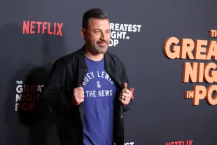 LOS ANGELES, CALIFORNIA - JANUARY 29: Jimmy Kimmel attends the premiere of Netflix's "The Greatest Night in Pop" at Egyptian Theatre 6712 Hollywood Blvd, Los Angeles, CA  90028, United States on January 29, 2024 in Los Angeles, California. (Photo by Leon Bennett/Getty Images)