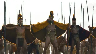 Moses Goods, Jason Momoa, and Te Kohe Tuhaka in Chief of War. Image via Apple TV+.