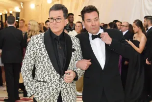 Stephen Colbert and Jimmy Fallon attend the Heavenly Bodies: Fashion & The Catholic Imagination Costume Institute Gala at The Metropolitan Museum of Art on May 7, 2018 in New York City.  (Photo by Neilson Barnard/Getty Images)