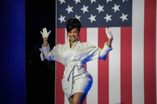 WEST ALLIS, WISCONSIN - NOVEMBER 01: Cardi B arrives during a campaign rally for Democratic presidential nominee, U.S. Vice President Kamala Harris at the Wisconsin State Fair Park Exposition Center on November 1, 2024 in West Allis, Wisconsin. With four days until election day, Vice President Kamala Harris is campaigning in Wisconsin. (Photo by Andrew Harnik/Getty Images)
