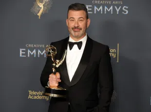 LOS ANGELES, CALIFORNIA - SEPTEMBER 07: Jimmy Kimmel, winner of the Outstanding Host for a Game Show Award for "Who Wants to Be a Millionaire", attends the 2025 Creative Arts Emmy Awards at Peacock Theater on September 07, 2025 in Los Angeles, California. (Photo by Kevin Winter/Getty Images)