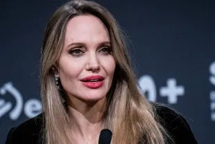 SAN SEBASTIAN, SPAIN - SEPTEMBER 21: Angelina Jolie speaks during the press conference of the film "Couture" during the 73rd San Sebastian International Film Festival on September 21, 2025 in San Sebastian, Spain. (Photo by Juan Naharro Gimenez/WireImage)
