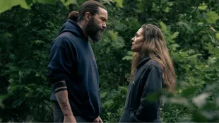 A tense face-off in the woods in Task episode 3 (Nobody’s Stronger Than Forgiveness). Image via HBO MAX.