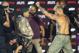 Gervonta 'Tank' Davis and Jake Paul face off during Jake vs. Tank kickoff press conference at Palladium Times Square in New York, United States, on September 22, 2025. (Photo by Mostafa Bassim/Anadolu via Getty Images)
