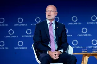 NEW YORK, NEW YORK - SEPTEMBER 22: Brendan Carr, Chairman, FCC, speaks onstage during the 2025 Concordia Annual Summit at Sheraton New York Times Square on September 22, 2025 in New York City.  (Photo by John Lamparski/Getty Images for Concordia Annual Summit)