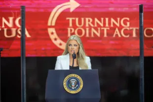 GLENDALE, ARIZONA - SEPTEMBER 21: Mrs. Erika Kirk speaks during the memorial service for her husband, political activist Charlie Kirk at State Farm Stadium on September 21, 2025 in Glendale, Arizona. Kirk, the CEO and co-founder of Turning Point USA, was shot and killed on September 10th while speaking at an event during his "American Comeback Tour" at Utah Valley University. (Photo by Joe Raedle/Getty Images)