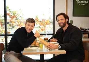 KYLE, TEXAS:  (EDITOR'S NOTE: This image has been retouched.) In this photo released on September 24, 2025, Panera kicks off cozy season by enlisting Jared Padalecki and Matt Czuchry, the stars of a fan-favorite rewatch tradition, to celebrate the launch of the restaurant’s fall menu, in Kyle, Texas. (Photo by Sara Jaye/Getty Images for Panera)
