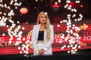 Erika Kirk speaks during the memorial service for her husband, political activist Charlie Kirk. (Photo by Win McNamee/Getty Images)