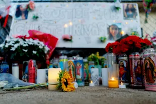 LAKE ELSINORE, CA - SEPTEMBER 25, 2025: Intimate notes, candles and flowers remain  at a memorial on Thursday for slain teen Celeste Rivas Hernandez who was found dead in the trunk of a Tesla in a Hollywood tow yard on September 25, 2025 in Lake Elsinore, California.(Gina Ferazzi / Los Angeles Times via Getty Images)