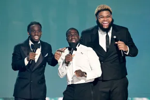 Kai Cenat, Kevin Hart, and Druski speak onstage during the 2025 BET Awards at Peacock Theater on June 09, 2025 in Los Angeles, California.  (Photo by Paras Griffin/Getty Images for BET)