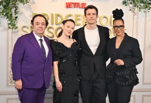 (L to R) Hugh Sachs, Yerin Ha, Luke Thompson and Golda Rosheuvel attend the "Bridgerton: Season Of Love" fan event at Raffles London at The OWO on February 14, 2025 in London, England. (Photo by Dave Benett/WireImage)