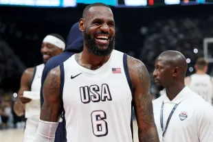 ABU DHABI, UNITED ARAB EMIRATES - JULY 17: LeBron James #6 of the United States reacts during after an exhibition game between the United States and Serbia ahead of the Paris Olympic Games at Etihad Arena on July 17, 2024 in Abu Dhabi, United Arab Emirates. (Photo by Christopher Pike/Getty Images)