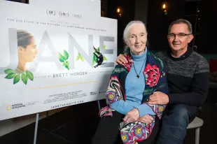 Dr Jane Goodall and her son 'Grub' (Hugo Louis van Lawick) attend a special screening of BAFTA nominated National Geographic documentary 'Jane' in her hometown at Odeon Bournemouth on January 9, 2018 in Bournemouth, United Kingdom. (Photo by Jeff Spicer/Jeff Spicer/Getty Images for National Geographic)