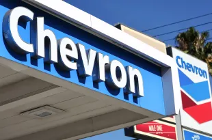 The Chevron logo is displayed at a Chevron gas station on October 28, 2022 in Los Angeles, California. (Photo by Mario Tama/Getty Images)