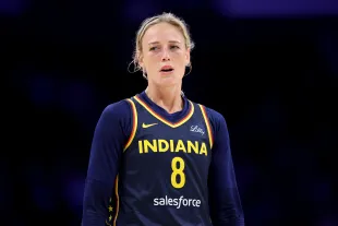 Sophie Cunningham #8 of the Indiana Fever looks on during the first half of a game against the Los Angeles Sparks at Crypto.com Arena on August 05, 2025 in Los Angeles, California. (Photo by Sean M. Haffey/Getty Images)