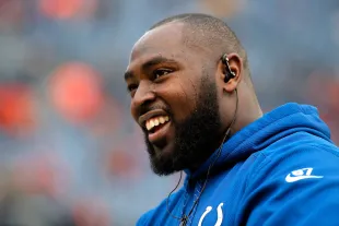 DENVER, CO - JANUARY 11:  Arthur Jones #97 of the Indianapolis Colts looks on before a 2015 AFC Divisional Playoff game at Sports Authority Field at Mile High on January 11, 2015 in Denver, Colorado.  (Photo by Doug Pensinger/Getty Images)