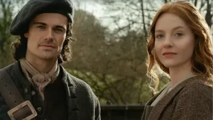Harriet Slater as Ellen MacKenzie and Jamie Roy as Brian Fraser in Outlander: Blood of My Blood season 1. Image via STARZ.