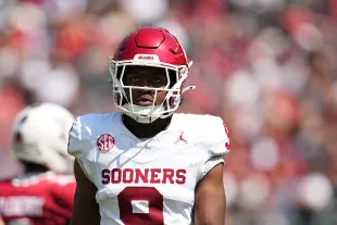 PHILADELPHIA, PENNSYLVANIA - SEPTEMBER 13: Keontez Lewis #9 of the Oklahoma Sooners looks on against the Temple Owls at Lincoln Financial Field on September 13, 2025 in Philadelphia, Pennsylvania. The Oklahoma Sooners defeated the Temple Owls 42-3. (Photo by Mitchell Leff/Getty Images)