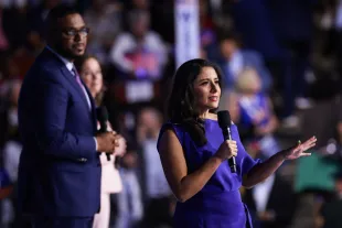 Lina Hidalgo (R), Harris County, Texas judge, speaks onstage during the first day of the Democratic National Convention at the United Center on August 19, 2024 in Chicago, Illinois.  Delegates, politicians, and Democratic party supporters are in Chicago for the convention, concluding with current Vice President Kamala Harris accepting her party's presidential nomination. The DNC takes place from August 19-22. (Photo by Joe Raedle/Getty Images)