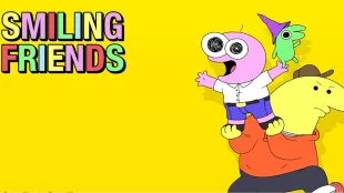 Smiling Friends Season 3 key art featuring Pim on Charlie’s shoulders with Glep against the bright yellow backdrop. Image via Adult Swim.