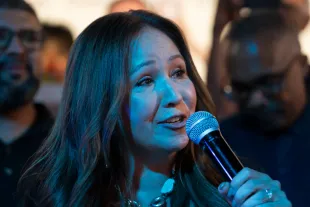 TUCSON, ARIZONA - JULY 15: Democratic U.S. congressional candidate Adelita Grijalva speaks at a primary election-night party at El Casino Ballroom on July 15, 2025 in South Tucson, Arizona. Grijalva, the Pima County supervisor, is running in a special election held for the state's 7th District seat vacated by the death of her father, longtime U.S. Rep. Raul Grijalva. (Photo by Rebecca Noble/Getty Images)