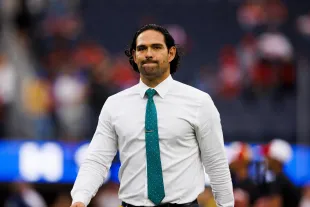 INGLEWOOD, CALIFORNIA - SEPTEMBER 17: Mark Sanchez former NFL quarterback on the field during a game between the San Francisco 49ers and the Los Angeles Rams at SoFi Stadium on September 17, 2023 in Inglewood, California. (Photo by Ric Tapia/Getty Images)