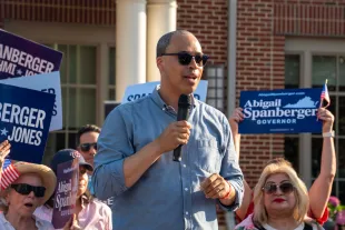 FAIRFAX, VA - JUNE 26: Jay Jones, who is running to become Virginia's attorney general in 2025, speaks to the audience during Abigail Spanberger's bus tour stop at Stacy C. Sherwood Community Center in Fairfax, Virginia on June 26, 2025. (Photo by Maxine Wallace/The Washington Post via Getty Images)