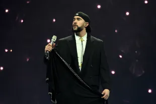 LOUISVILLE, KENTUCKY - APRIL 22: Bad Bunny performs at KFC YUM! Center on April 22, 2024 in Louisville, Kentucky. (Photo by Stephen J. Cohen/Getty Images)