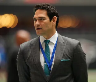 ATLANTA, GEORGIA - OCTOBER 31: Mark Sanchez of Fox Sports looks on prior to the game against the Carolina Panthers at Mercedes-Benz Stadium on October 31, 2021 in Atlanta, Georgia. (Photo by Mark Brown/Getty Images)